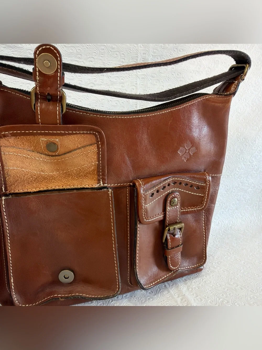Patricia Nash Bag Brown Italian Leather Purse Zip Top Tote Hobo Crossbody Large